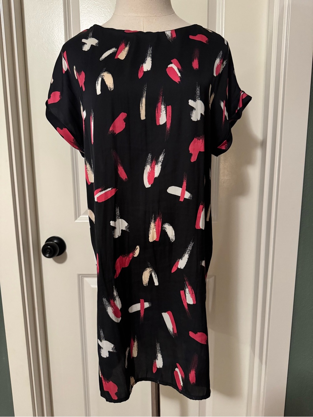 Women's Black Midi Dress with Pink and Cream Brushstroke Print